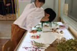 라이트 책상 위에서 두 어린이가 여러가지 식물을 올려놓고 관찰하고 있다