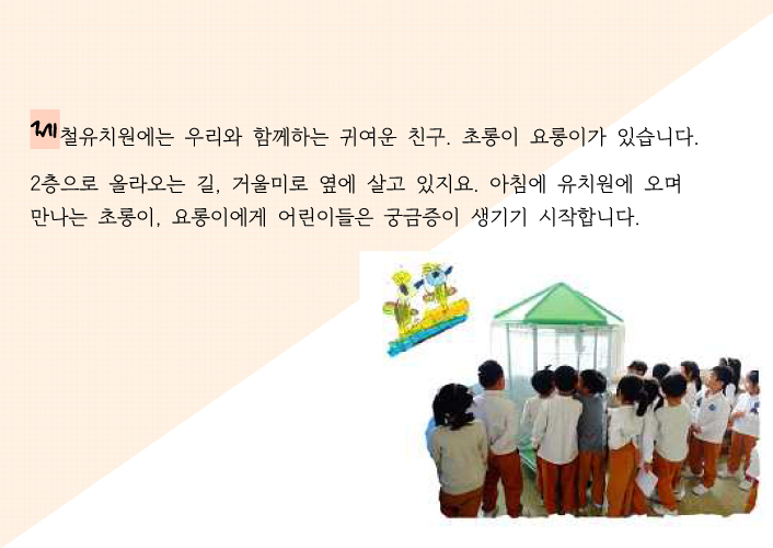 제철유치원에는 우리와 함께하는 귀여운 친구. 초롱이 요롱이가 있습니다. 2층으로 올라오는 길, 거울미로 옆에 살고 있지요. 아침에 유치원에 오며 만나는 초롱이, 요롱이에게 어린이들은 궁금증이 생기기 시작합니다.