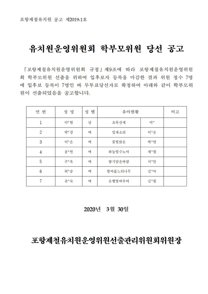 2020학년도 유치원운영위원회 학부모위원 당선자 확정 공고 및 통지002