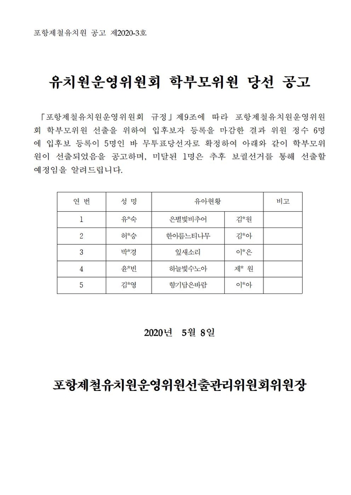 유치원운영위원회 학부모위원 당선자 확정 공고 및 통지001